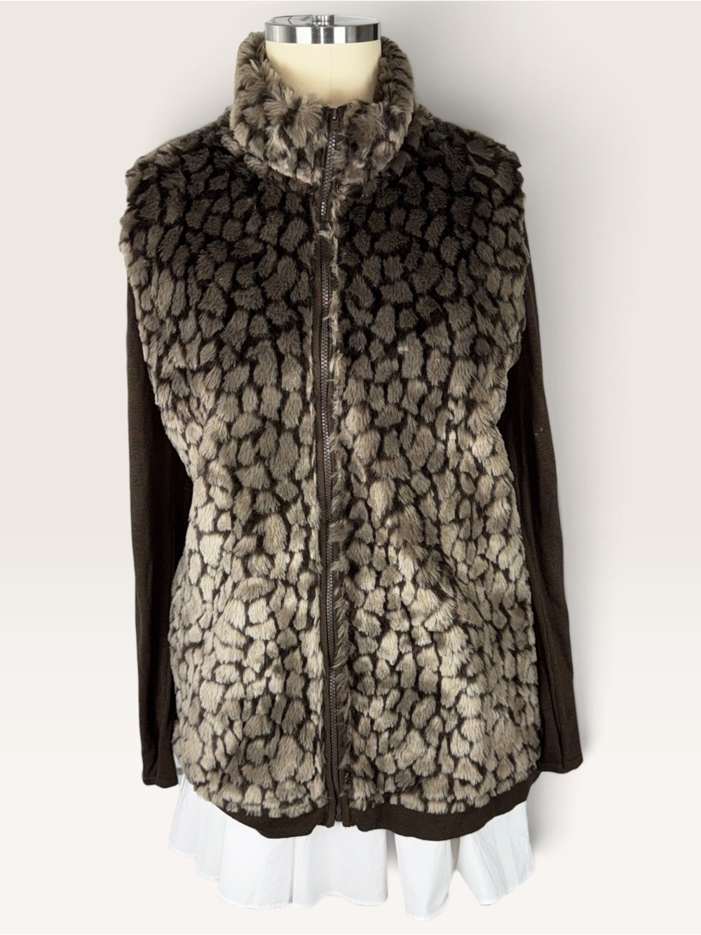 Jamie Gries Cozy Chic Jacket XL Brown Faux Fur Animal Print Full Zip